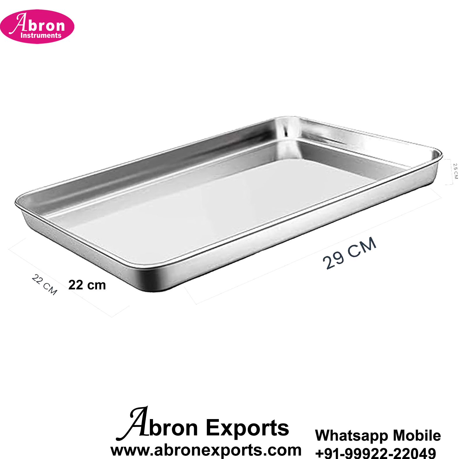 Surgical Lab Tray SS Rectangular 11x8x1 Inch 29L x 22W x2.5H cm Centimeters 10pc Abron ABM-2308TS29 